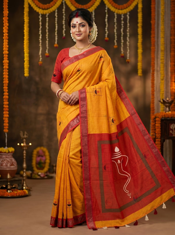 Gowrika Linen Cotton Saree – Saffron Orange Ganesha Divine Digital Print