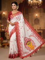 Gowrika Linen Cotton Saree – White Red Durga Divine Digital Prints