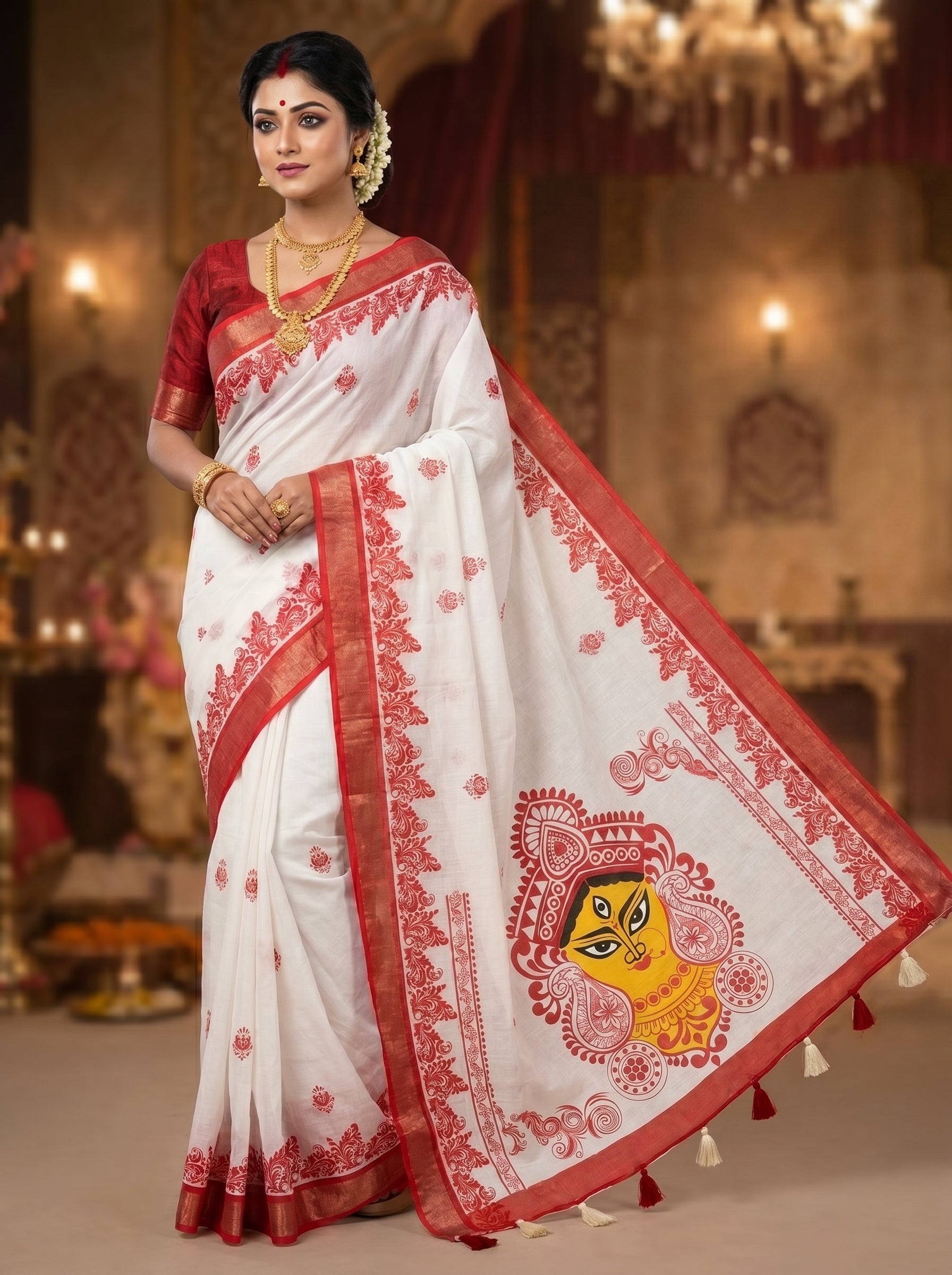 Gowrika Linen Cotton Saree – White Red Durga Divine Digital Prints