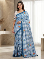 Elira Linen Cotton Saree – Sky Checks Bloom