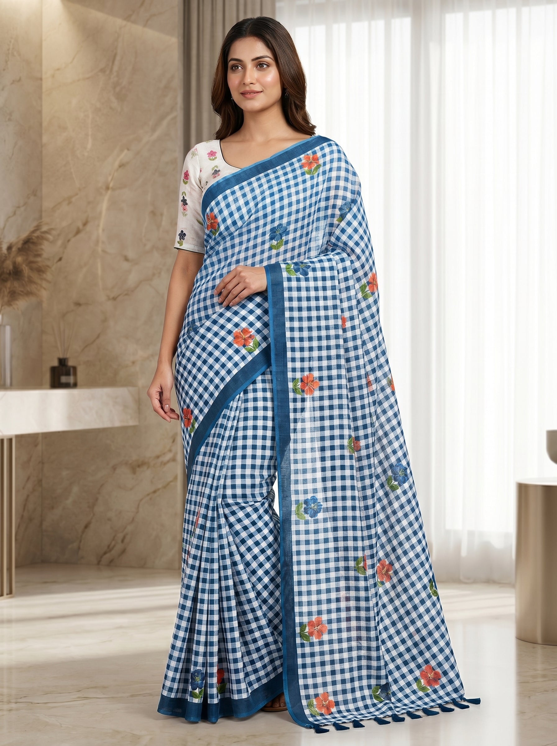 Elira Linen Cotton Saree – Sky Checks Bloom