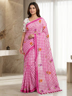Elira Linen Cotton Saree – Pink Checks Blossom