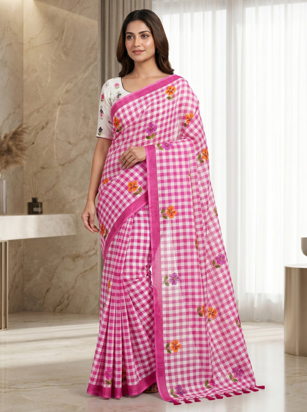 Elira Linen Cotton Saree – Pink Checks Blossom