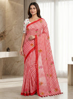 Elira Linen Cotton Saree – Red Checks Blossom