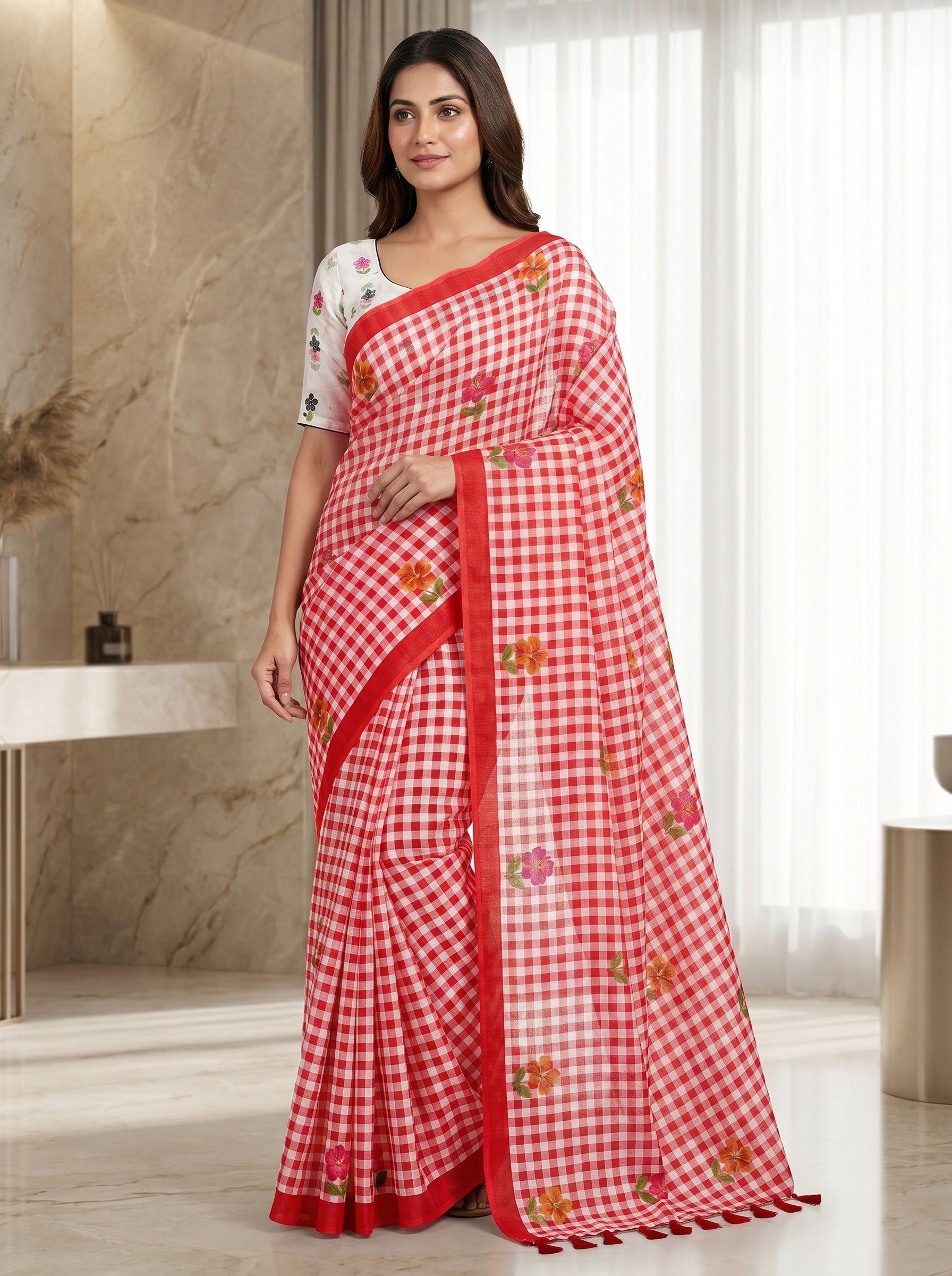 Elira Linen Cotton Saree – Red Checks Blossom