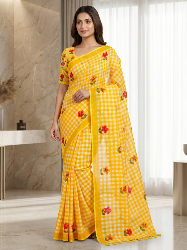 Elira Linen Cotton Saree – Yellow Checks Blossom