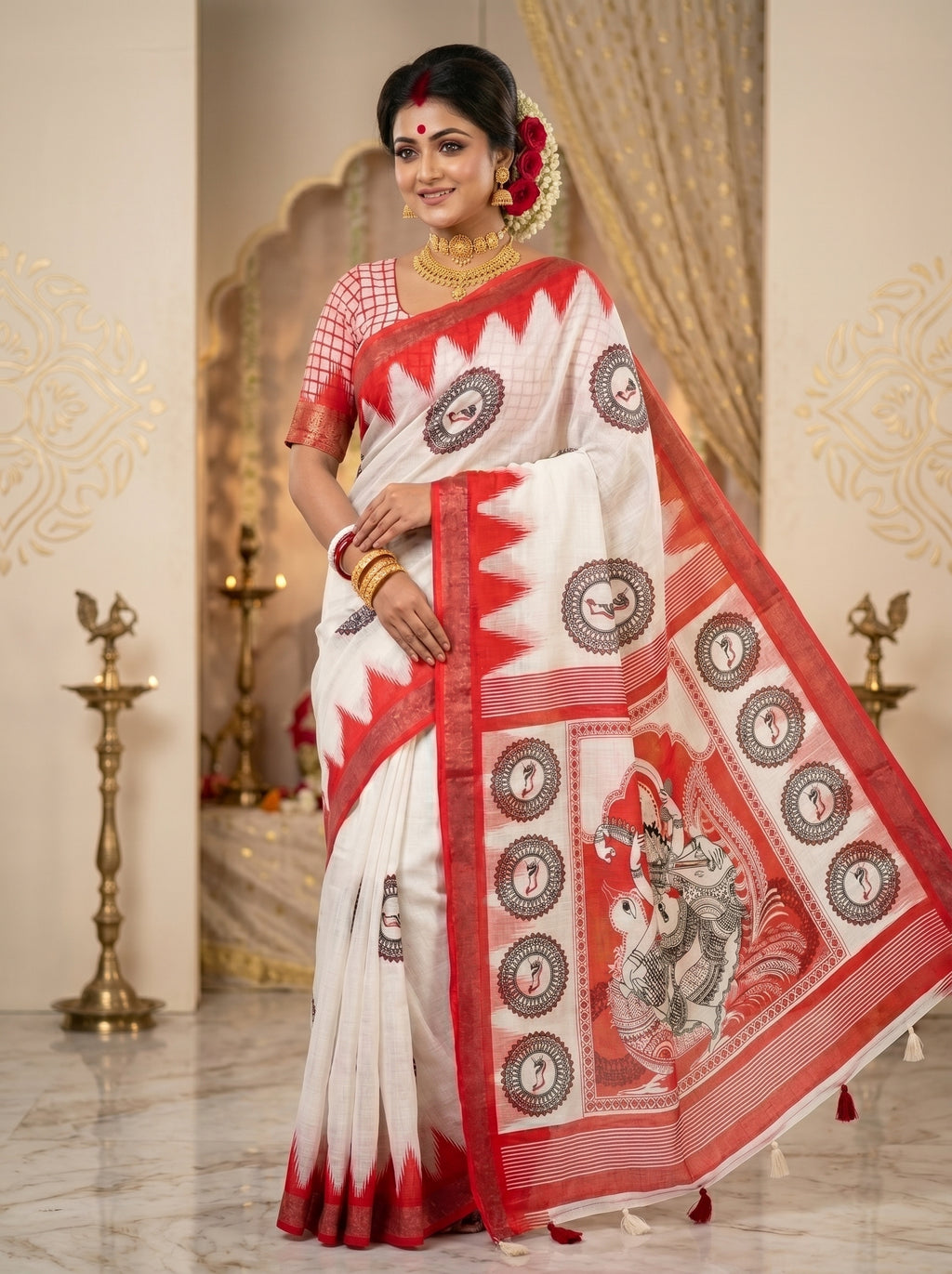 Gowrika Linen Cotton Saree – White Red Saraswati Divine Digital Print