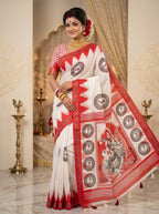 Gowrika Linen Cotton Saree – White Red Saraswati Divine Digital Print