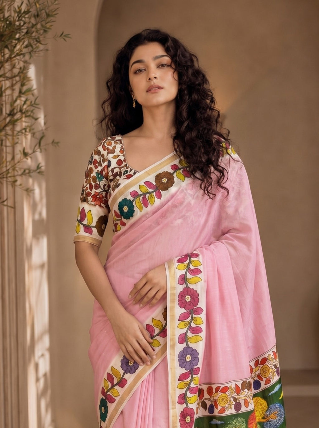 Vedyana Cotton Blend Saree – Pink Kalamkari Digital Print