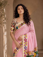Vedyana Cotton Blend Saree – Pink Kalamkari Digital Print