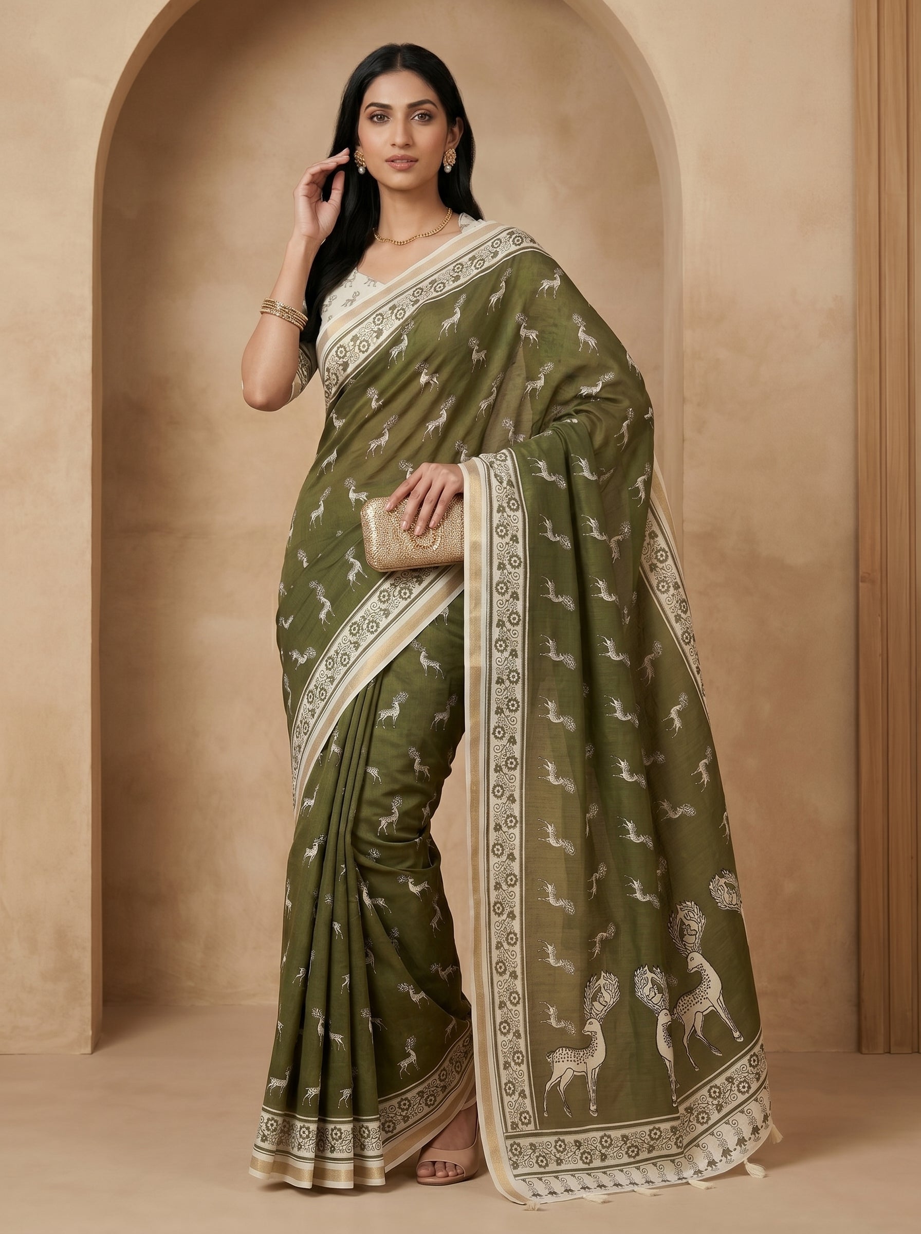 Zariya Cotton Blend Saree – Olive Mist