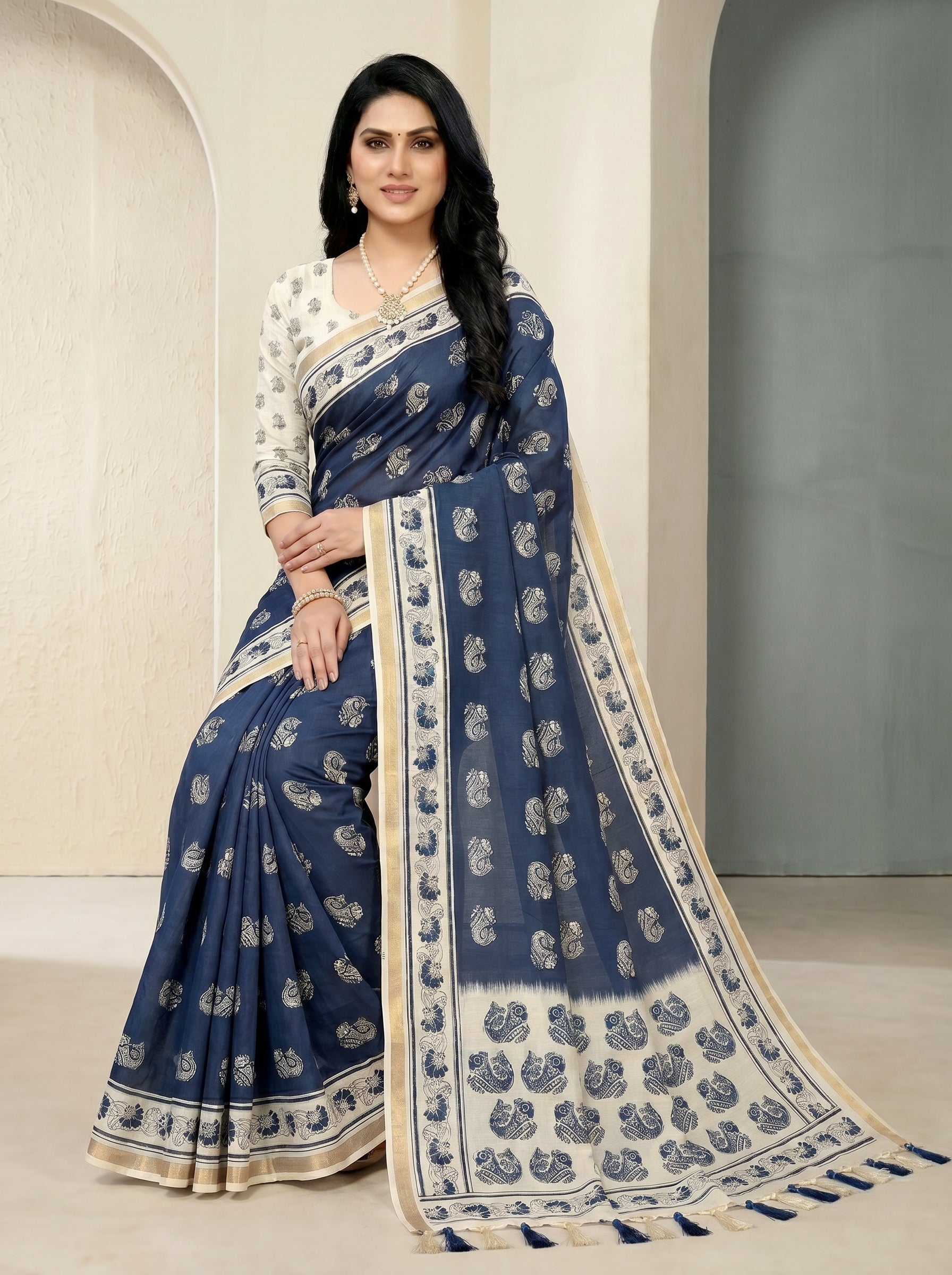 Zariya Cotton Blend Saree – Navy Blue