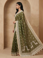 Zariya Cotton Blend Saree – Olive Mist