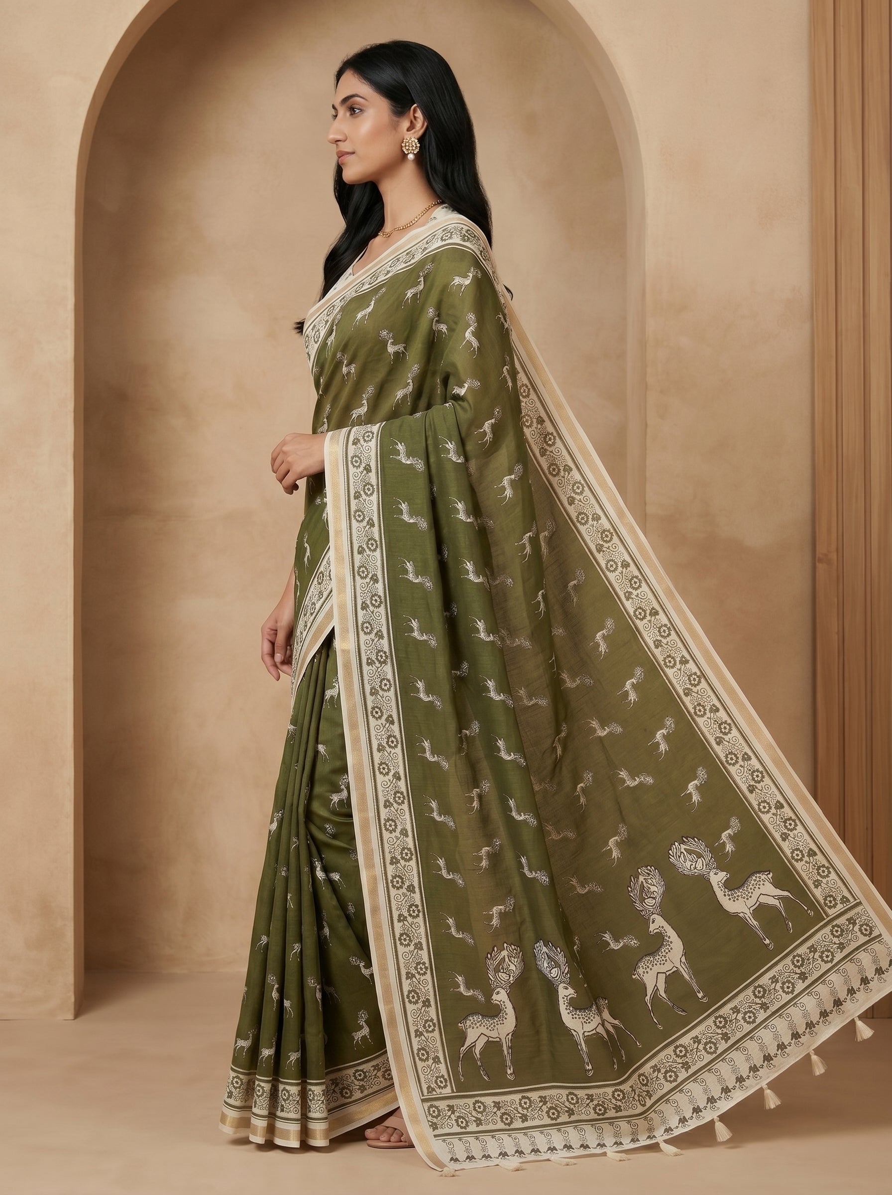 Zariya Cotton Blend Saree – Olive Mist