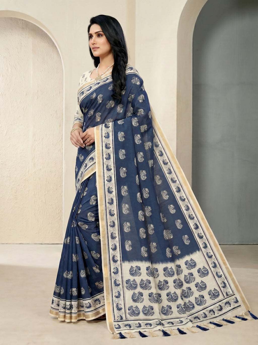 Zariya Cotton Blend Saree – Navy Blue