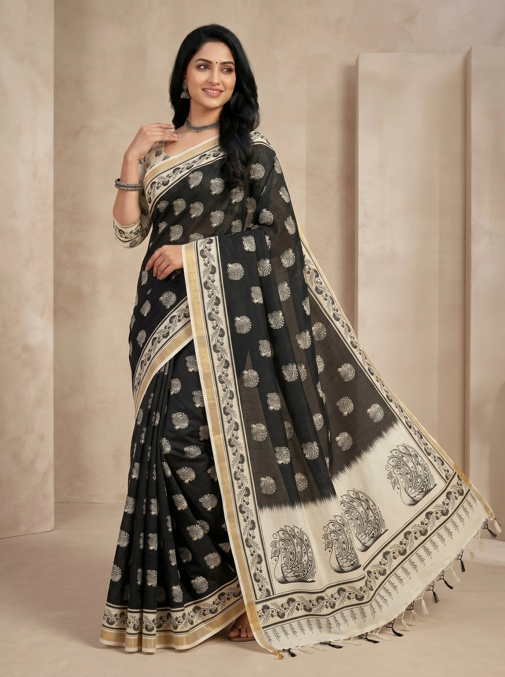 Zariya Cotton Blend Saree – Midnight Black