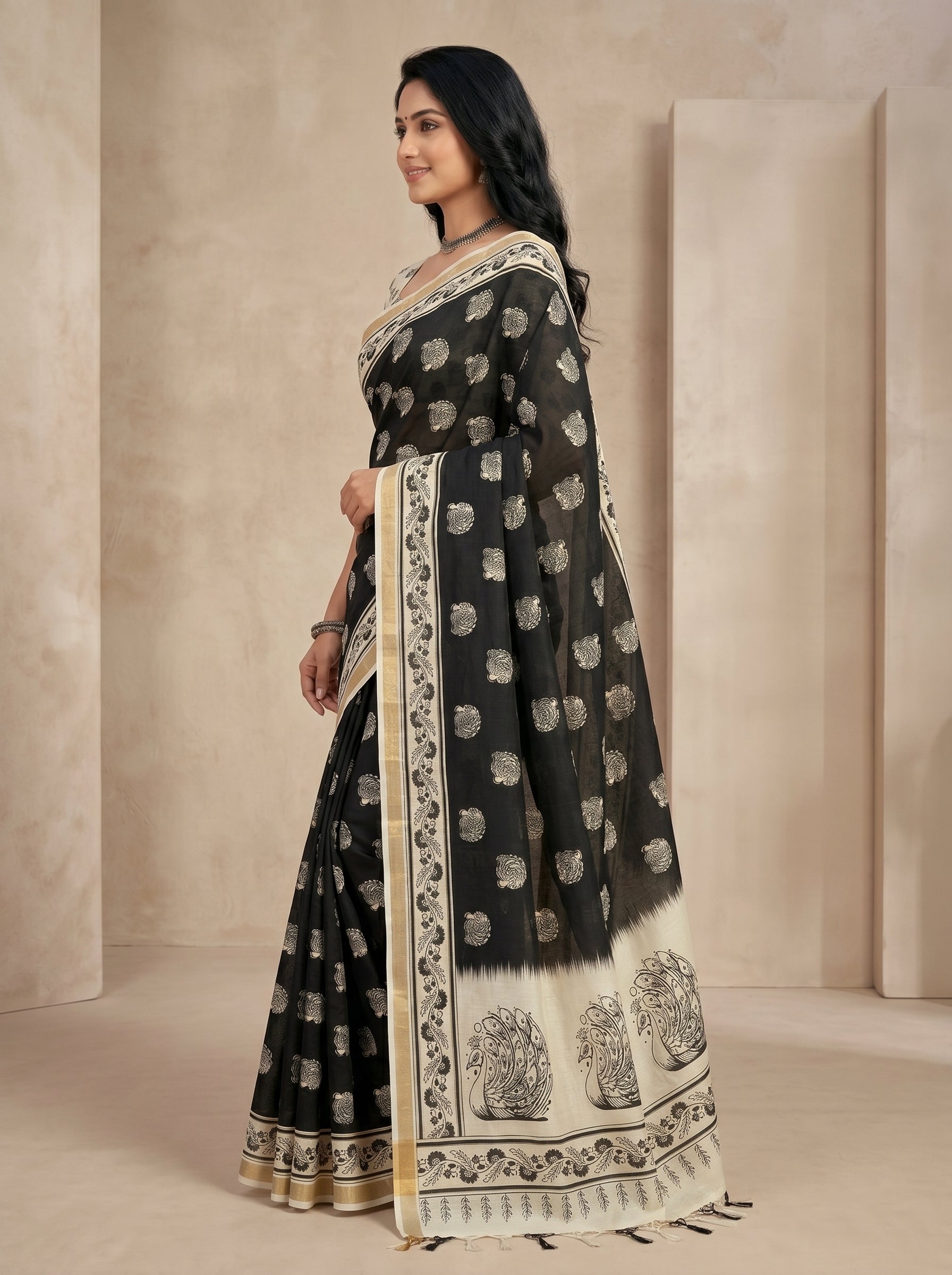 Zariya Cotton Blend Saree – Midnight Black