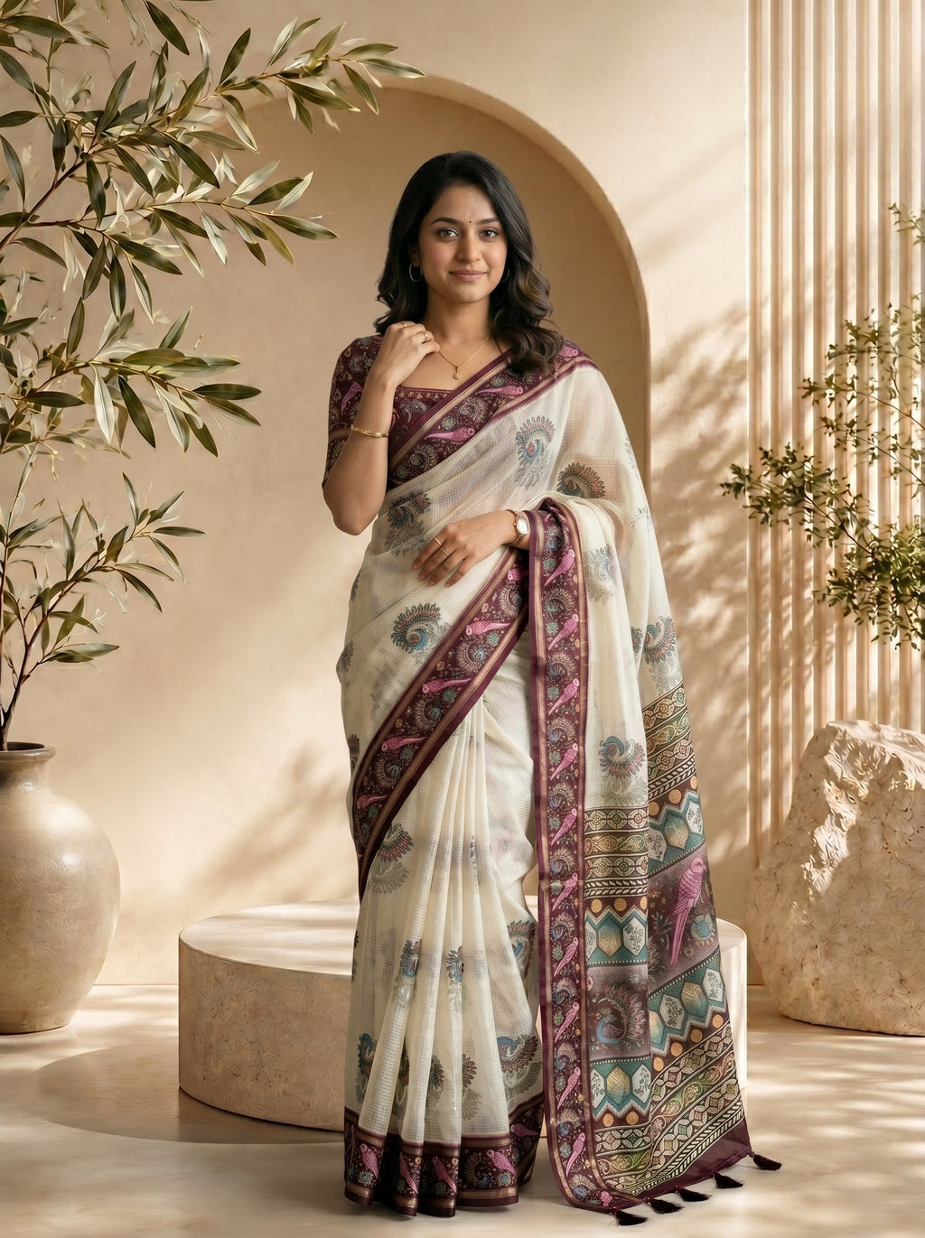 Mayuri Soft Kota Doriya Saree - Cream