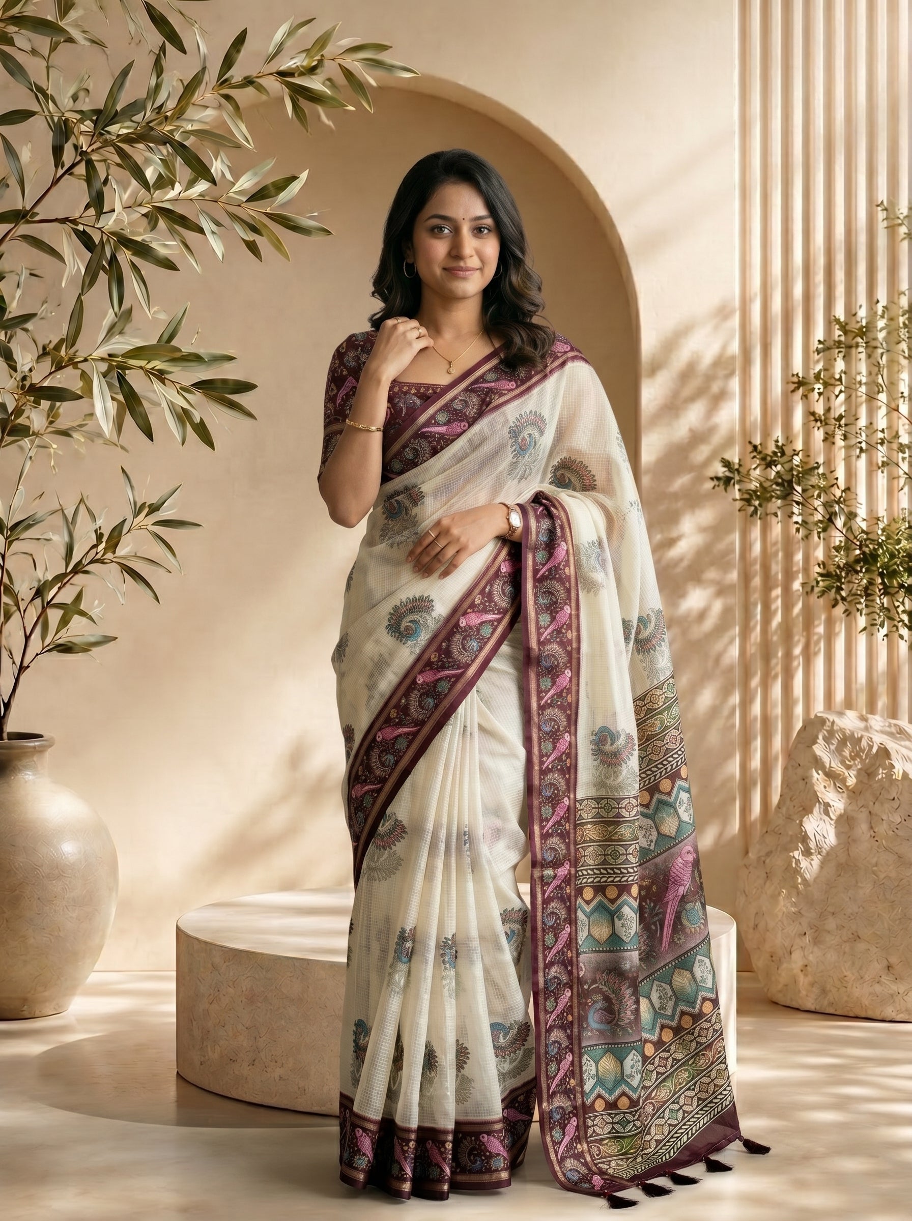 Mayuri Soft Kota Doriya Saree - Cream