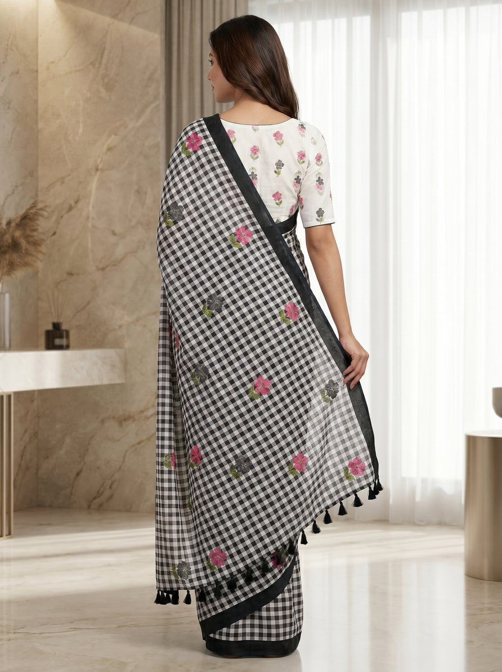 Elira Linen Cotton Saree – Midnight Checks Bloom