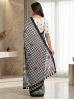 Elira Linen Cotton Saree – Midnight Checks Bloom