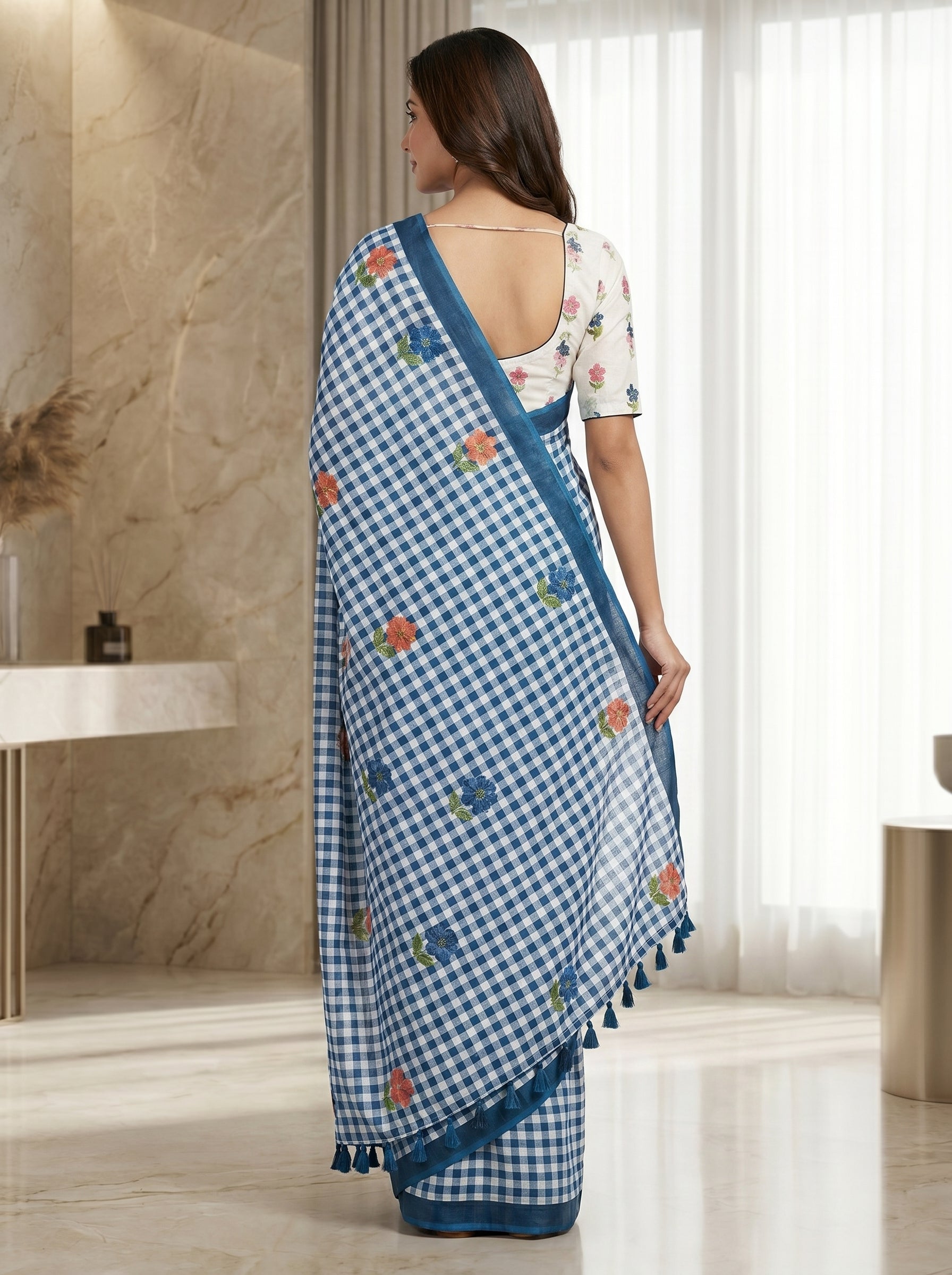 Elira Linen Cotton Saree – Sky Checks Bloom