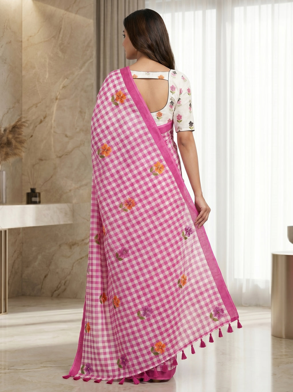 Elira Linen Cotton Saree – Pink Checks Blossom