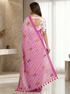 Elira Linen Cotton Saree – Pink Checks Blossom