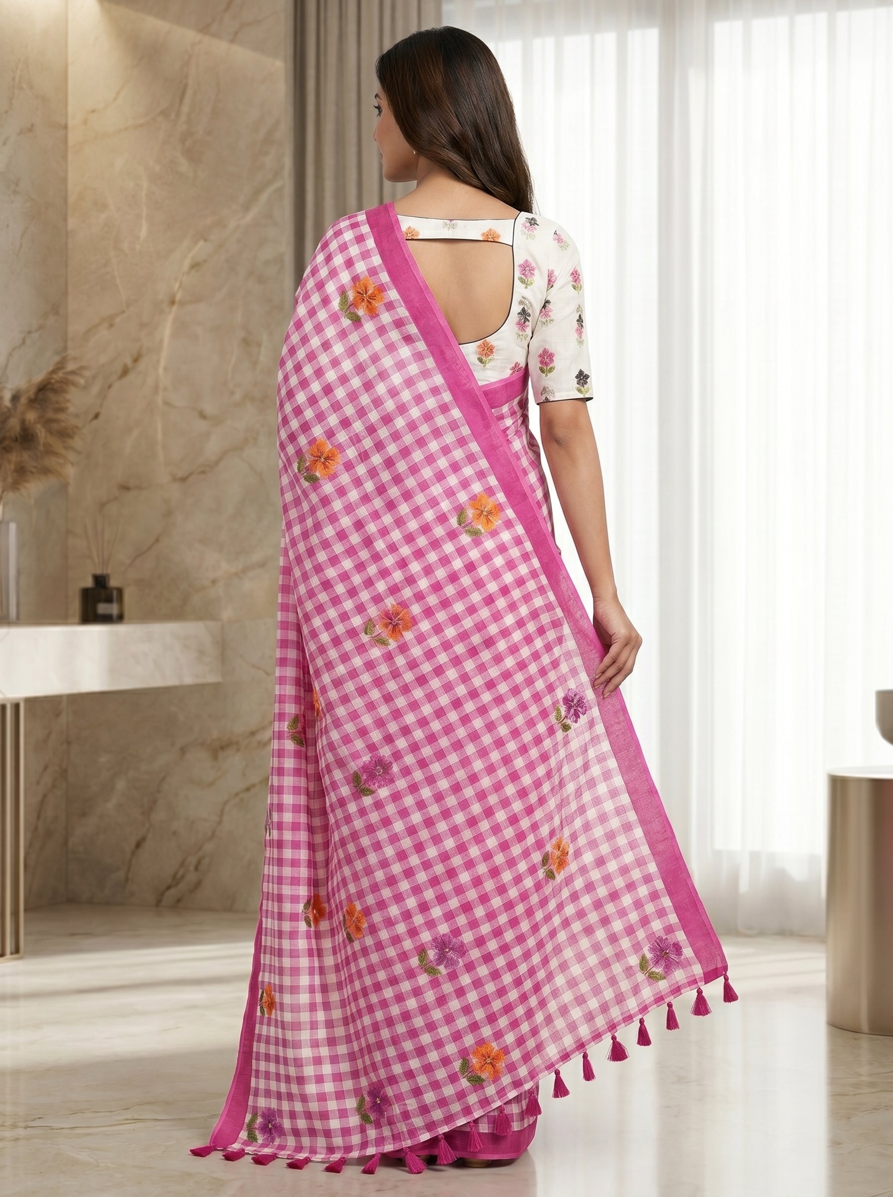Elira Linen Cotton Saree – Pink Checks Blossom