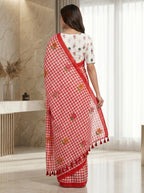Elira Linen Cotton Saree – Red Checks Blossom