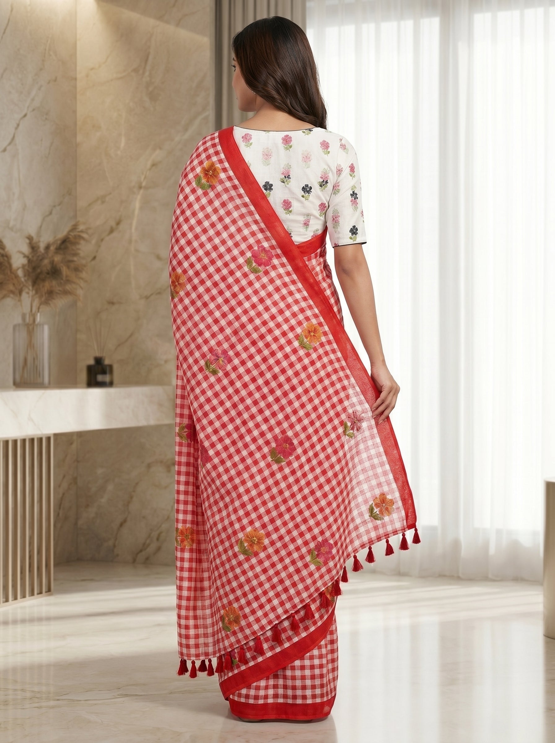 Elira Linen Cotton Saree – Red Checks Blossom