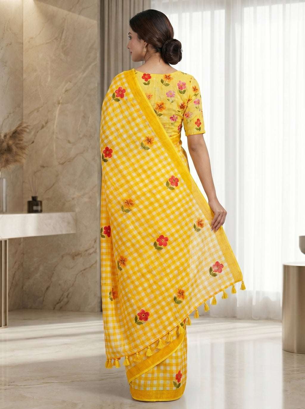 Elira Linen Cotton Saree – Yellow Checks Blossom