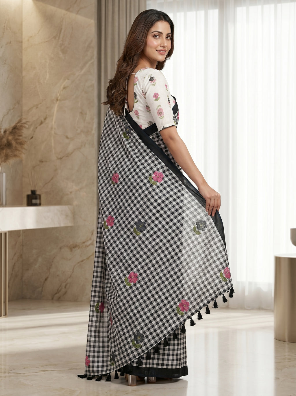 Elira Linen Cotton Saree – Midnight Checks Bloom