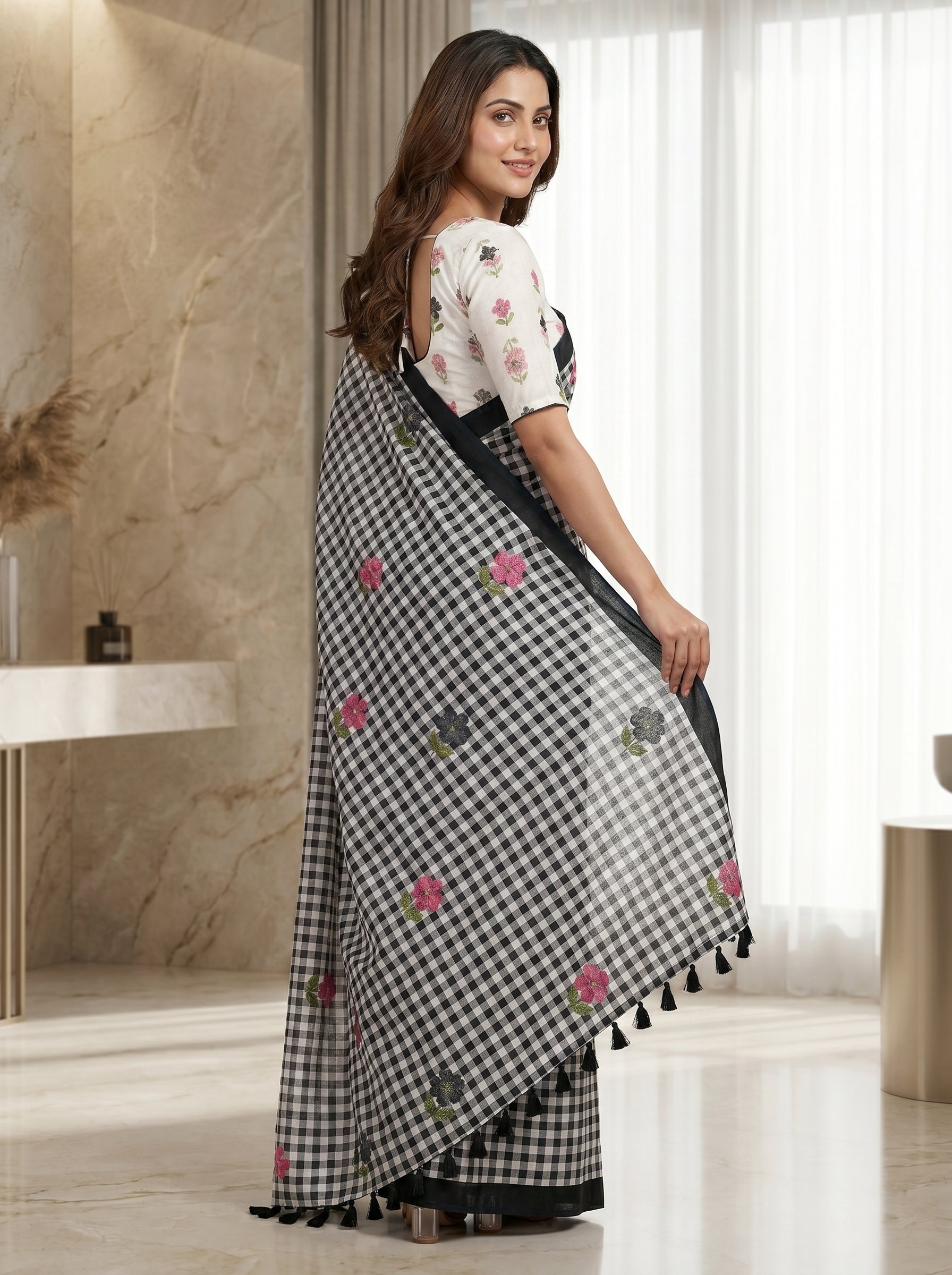 Elira Linen Cotton Saree – Midnight Checks Bloom