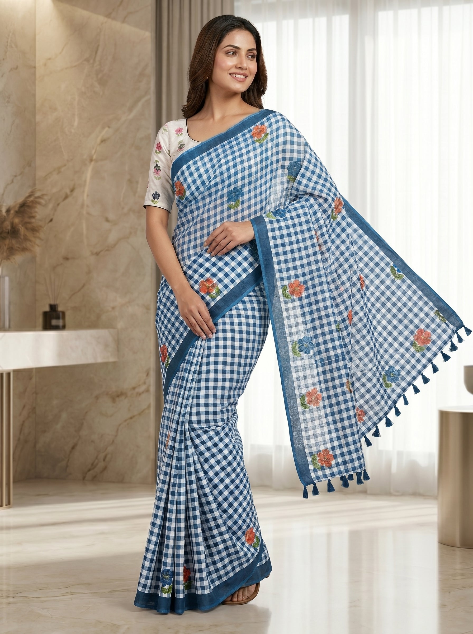 Elira Linen Cotton Saree – Sky Checks Bloom