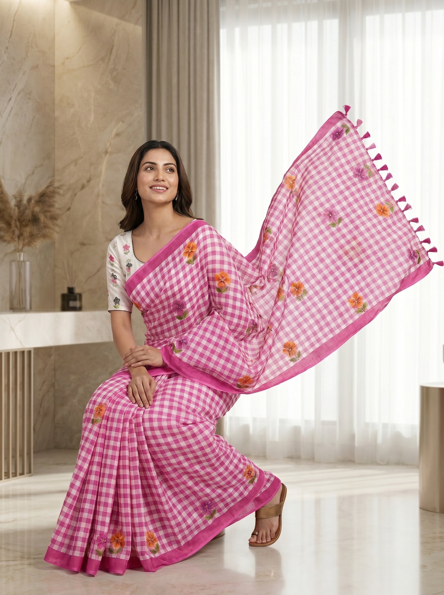 Elira Linen Cotton Saree – Pink Checks Blossom