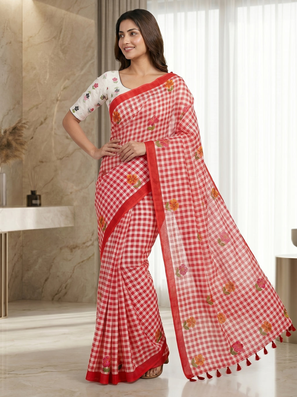 Elira Linen Cotton Saree – Red Checks Blossom