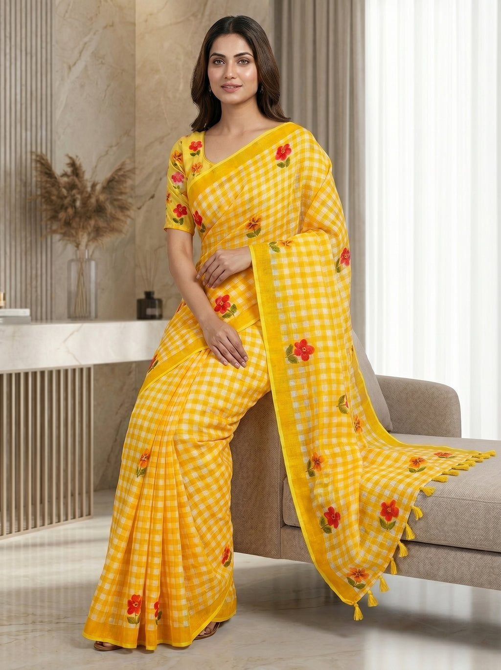 Elira Linen Cotton Saree – Yellow Checks Blossom
