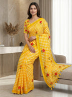 Elira Linen Cotton Saree – Yellow Checks Blossom