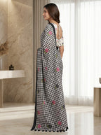 Elira Linen Cotton Saree – Midnight Checks Bloom