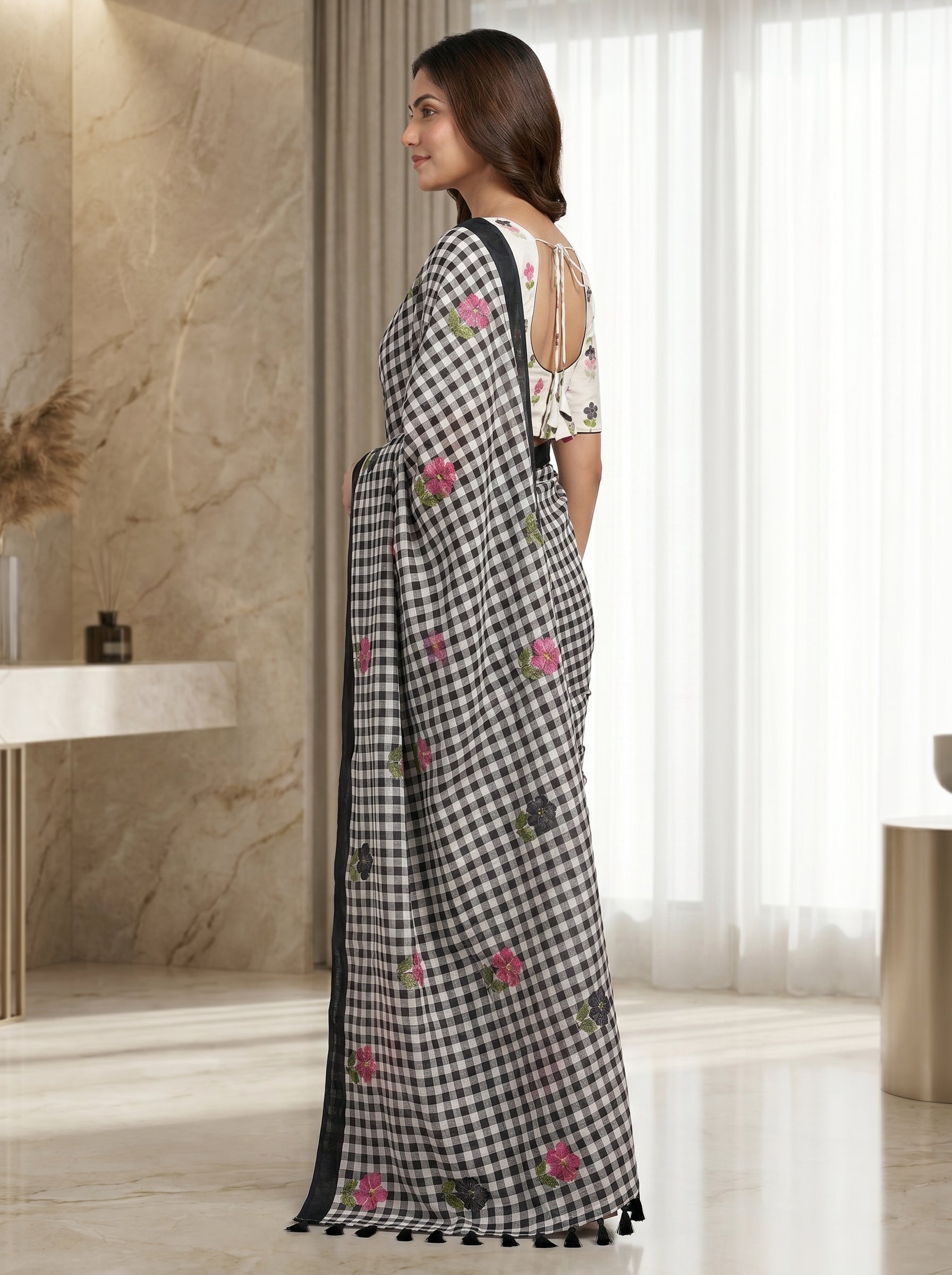 Elira Linen Cotton Saree – Midnight Checks Bloom