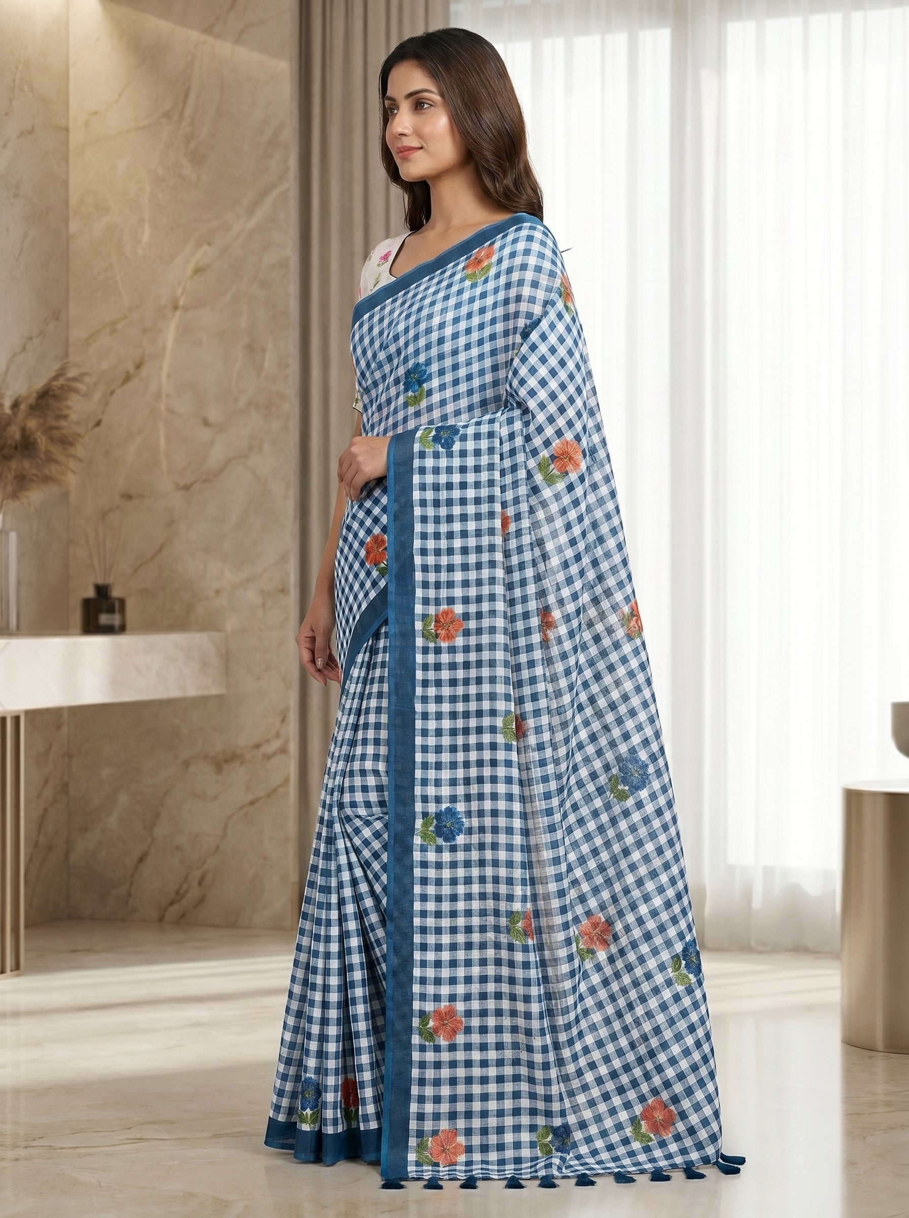 Elira Linen Cotton Saree – Sky Checks Bloom