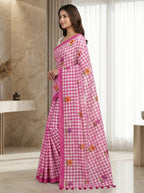 Elira Linen Cotton Saree – Pink Checks Blossom