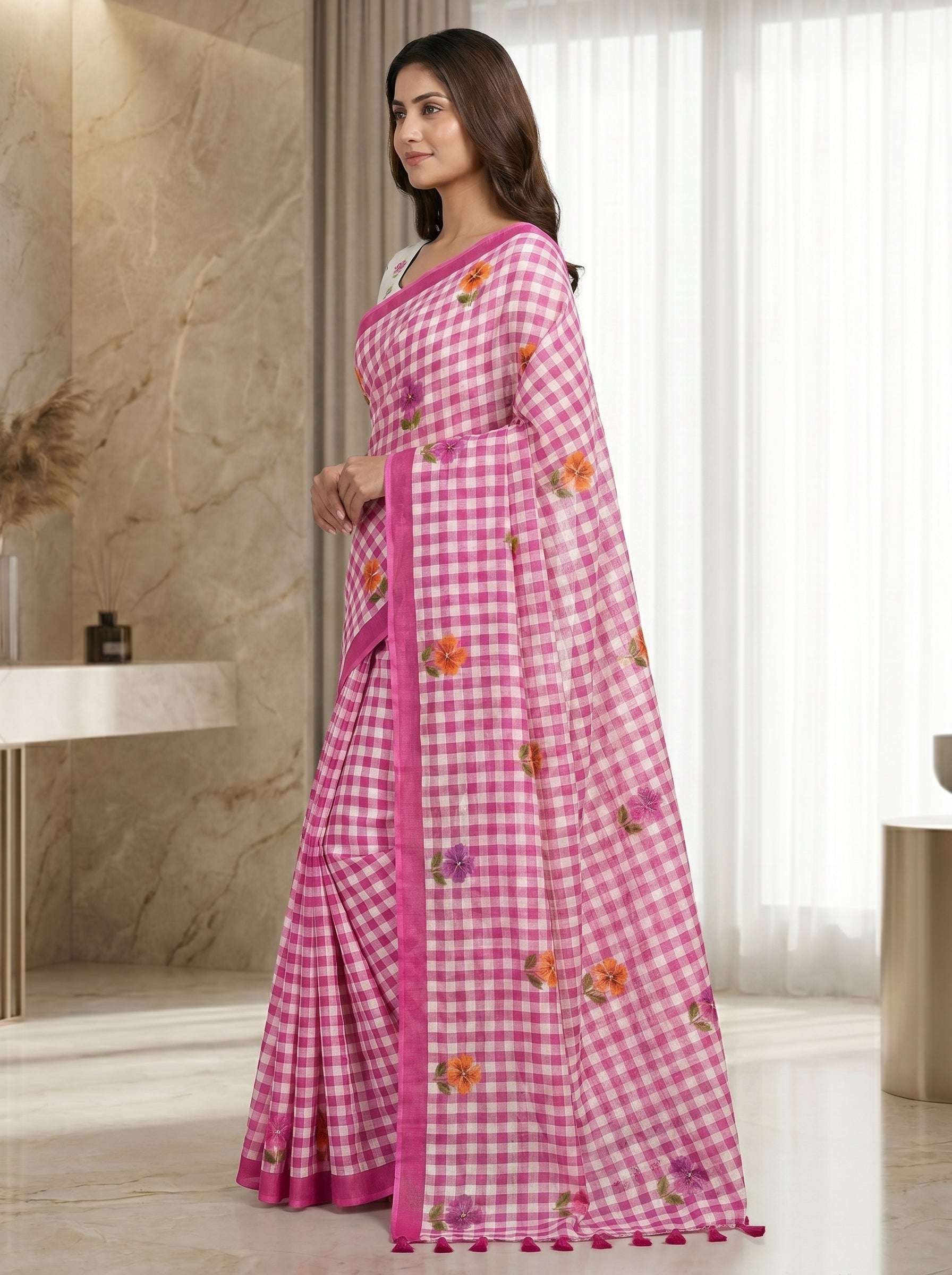 Elira Linen Cotton Saree – Pink Checks Blossom