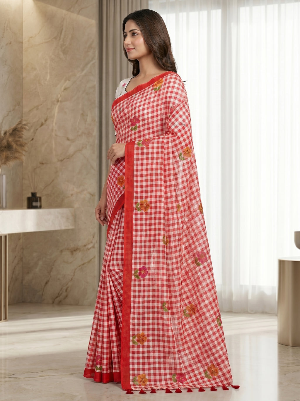 Elira Linen Cotton Saree – Red Checks Blossom