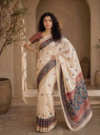 Varnesha Tussar Silk Saree – Cream Heritage Digital Print