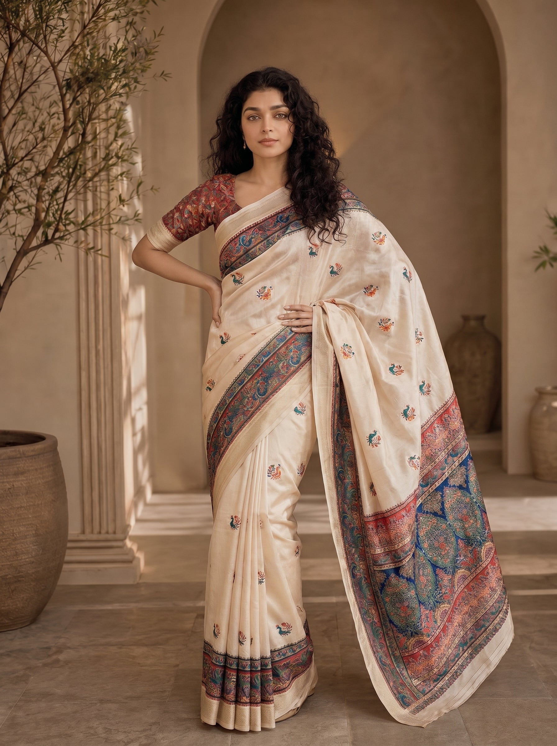 Varnesha Tussar Silk Saree – Cream Heritage Digital Print
