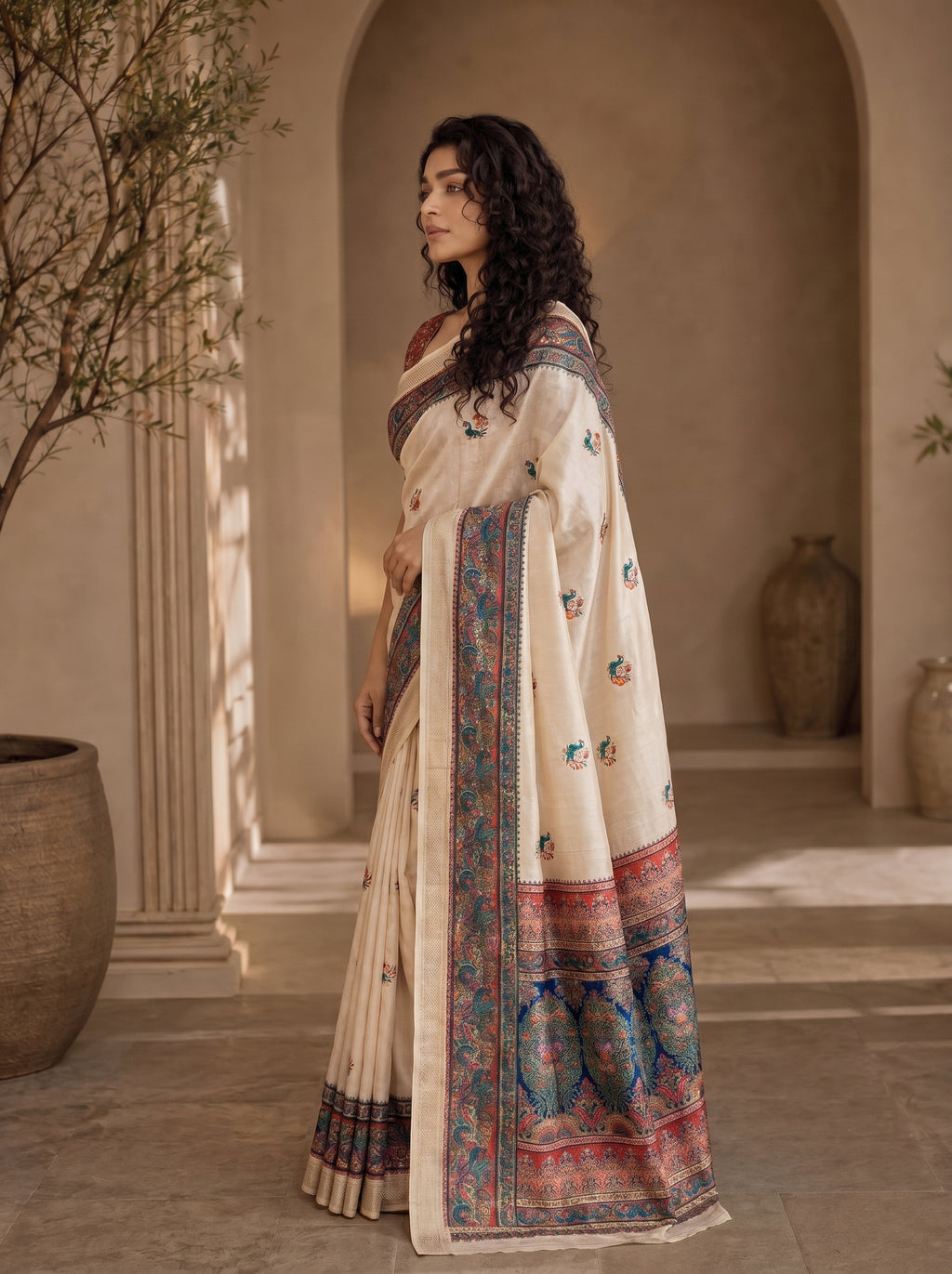 Varnesha Tussar Silk Saree – Cream Heritage Digital Print