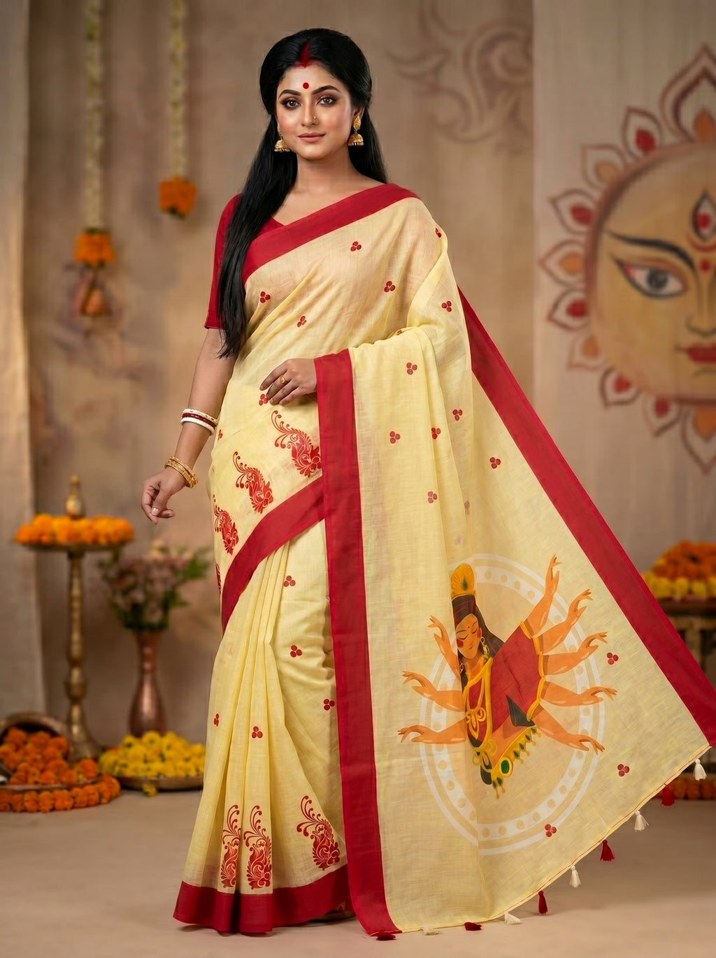 Gowrika Linen Cotton Saree – Light Yellow Red Maa Durga Divine Digital Print