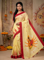 Gowrika Linen Cotton Saree – Light Yellow Red Maa Durga Divine Digital Print